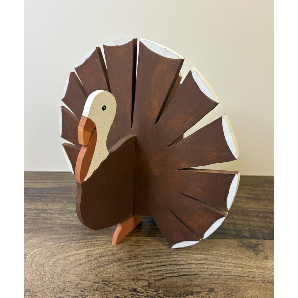 Vintage Wood Turkey 8" Thanksgiving Centerpiece Table Decor 2 Pieces Painted
